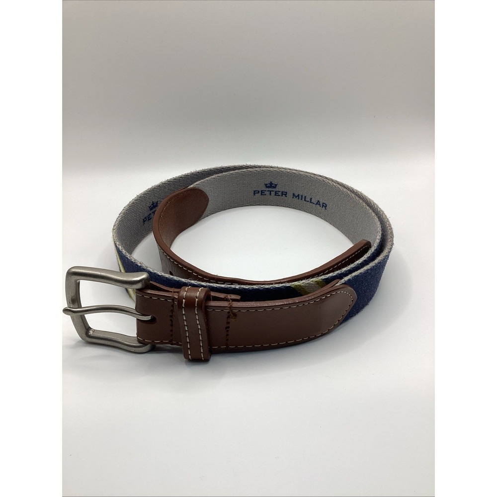 Peter Millar Canvas Leather Belt Blue Crest Golf Casual Men's Size 40